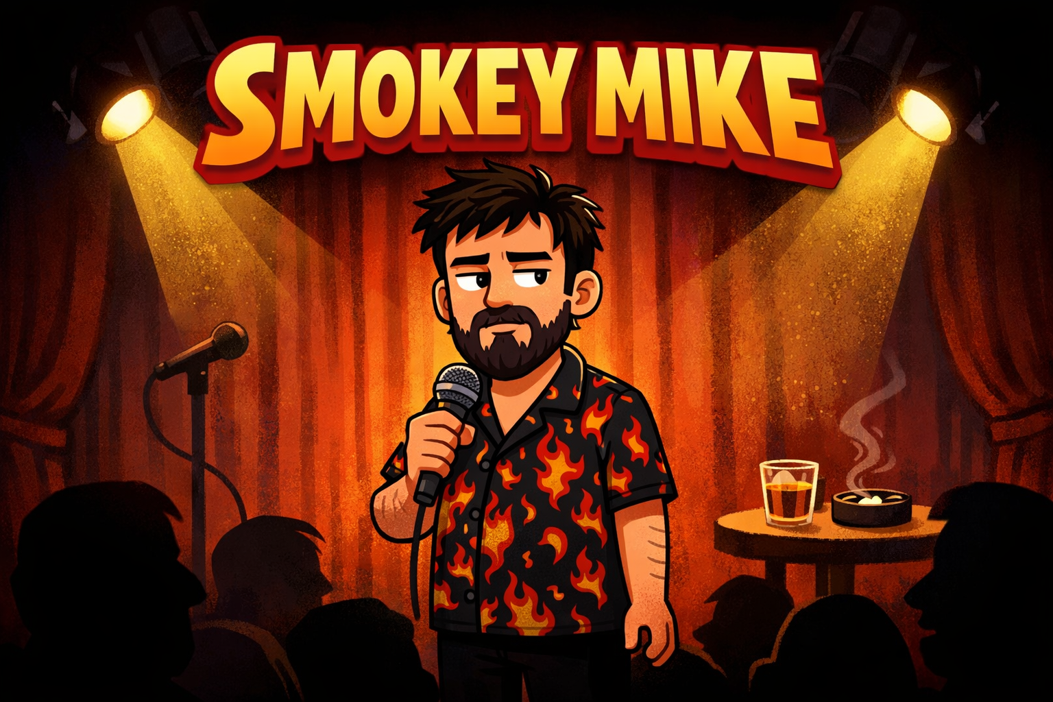 Smokey Mike, a tired comedian with dark hair and a beard wearing a flame-patterned shirt, stands on stage holding a microphone.